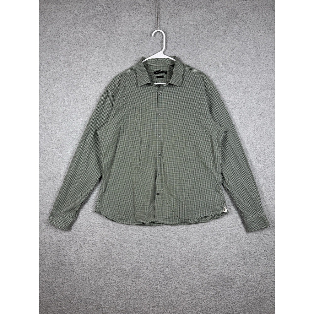 John Varvatos Shirt Mens 17 1/2 36/37 Green White Plaid Long Sleeve‎ Button Slim